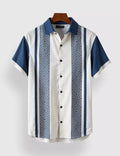 Blue & White Geometric Stripe Short Sleeve Shirt | Designer Button-Down Casual Wear