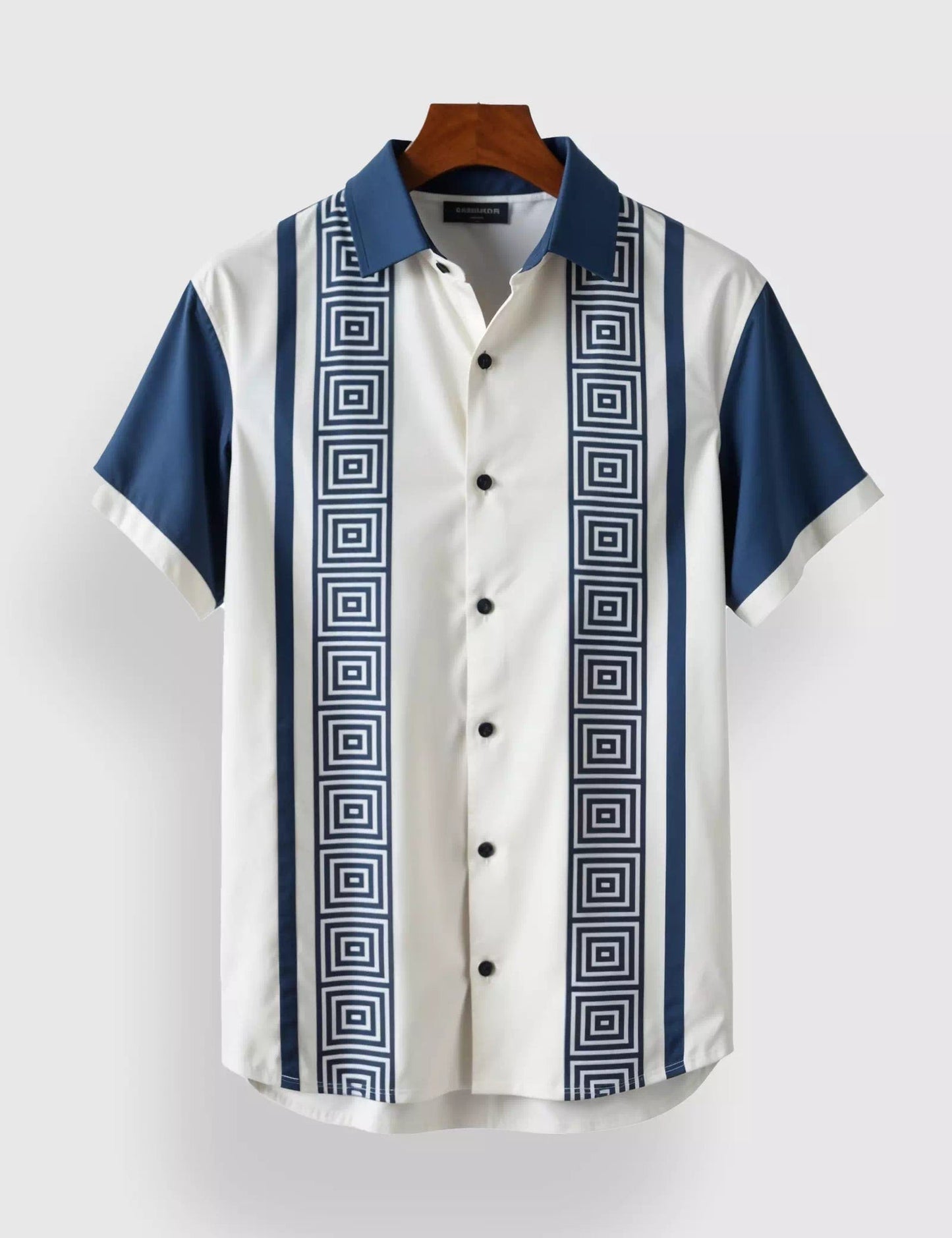 Blue & White Geometric Stripe Short Sleeve Shirt | Designer Button-Down Casual Wear
