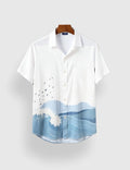 Ocean Wave Printed Half Sleeve Shirt – White & Blue Designer Casual Shirt