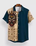Tribal Face Print Half Sleeve Shirt – Teal & Beige Designer Casual Shirt