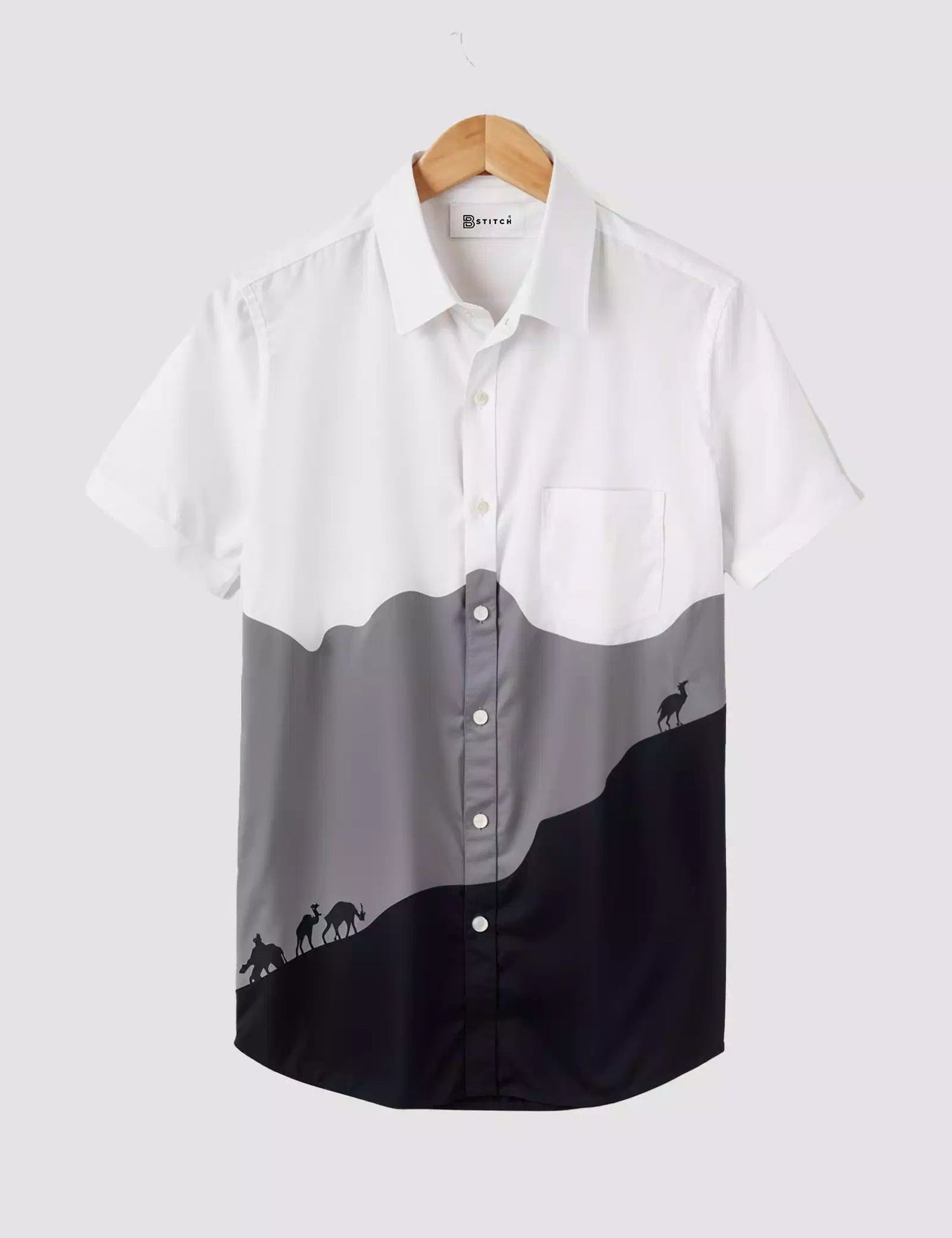 Premium Gradient Printed Half Sleeve Shirt – White, Grey & Black Designer Casual Shirt