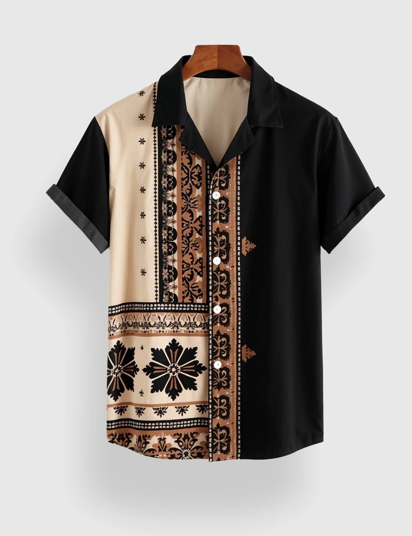 Premium Patchwork Printed Half Sleeve Shirt – Black & Beige Designer Casual Shirt