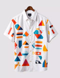 White Multicolor Geometric Print Short Sleeve Shirt | Designer Casual Button-Down