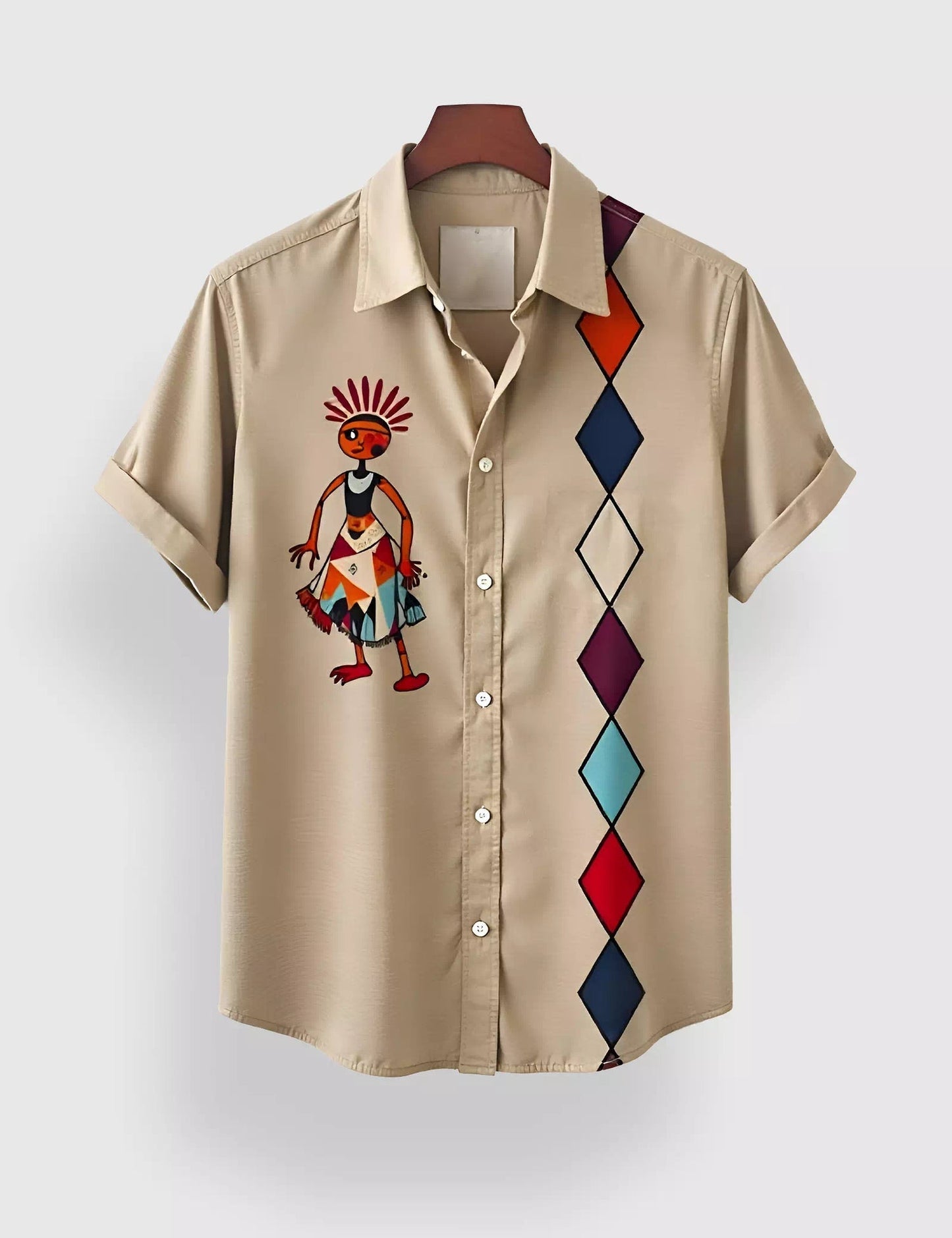 Tribal Art Printed Half Sleeve Shirt – Beige Ethnic Designer Shirt