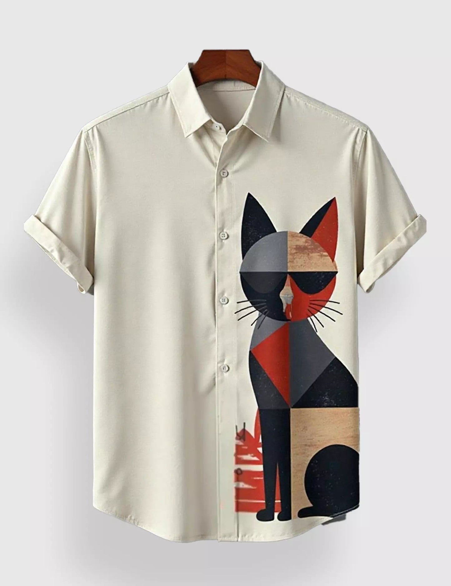 White Geometric Cat Print Short Sleeve Shirt | Designer Casual Button-Down